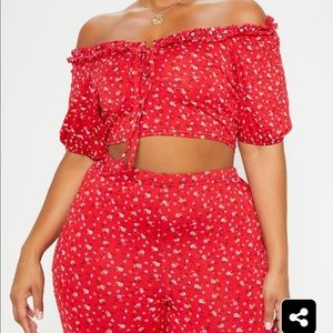 Red vibrant floral print stretchy matching set PLT